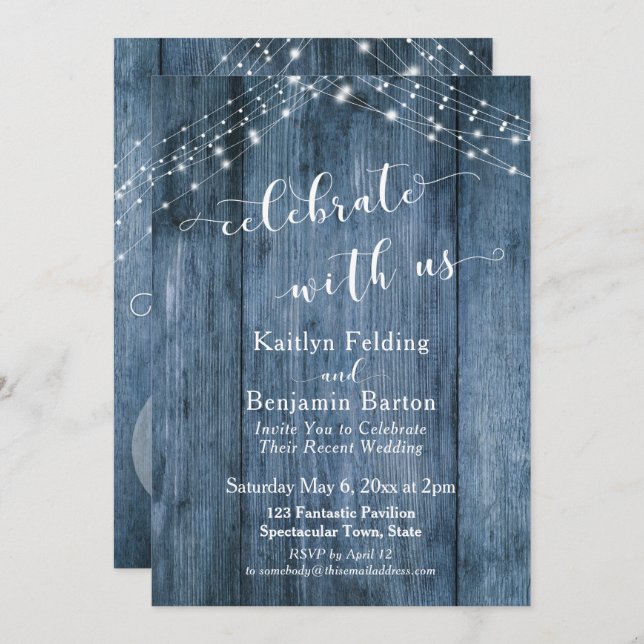 Convite Rustic Azul Madeira & Luzes Celebre Conosco (Frente/Verso)