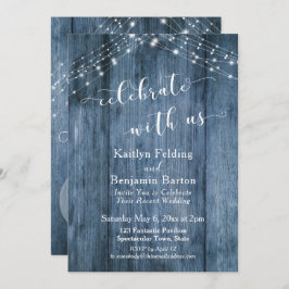 Convite Rustic Azul Madeira & Luzes Celebre Conosco