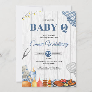 Convite Rustic Azul Xadrez Gingham babyq Chá de Bebê BBQ