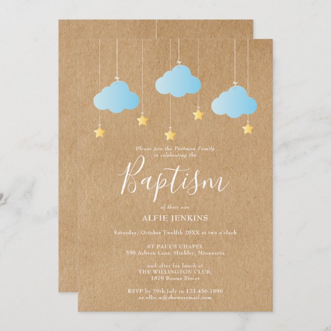Convite Rustic Baby Boy Baptism Christening Twinkle Stars (Frente/Verso)