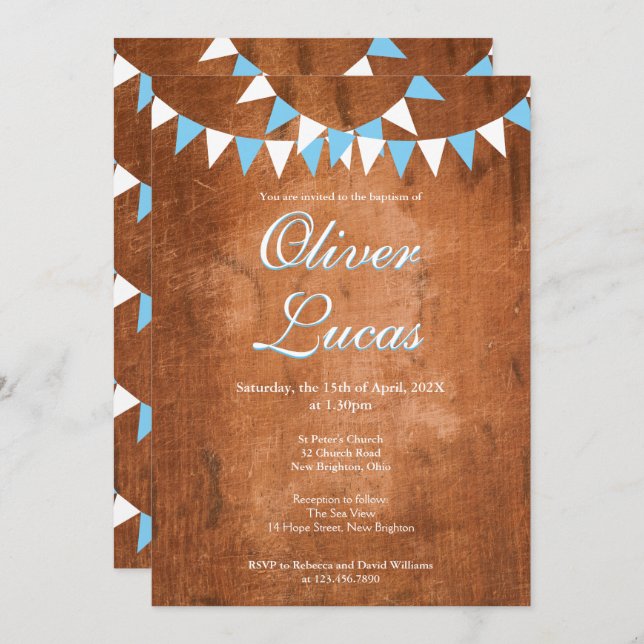 Convite Rustic Baby Boy Blue Bunting Christening (Frente/Verso)