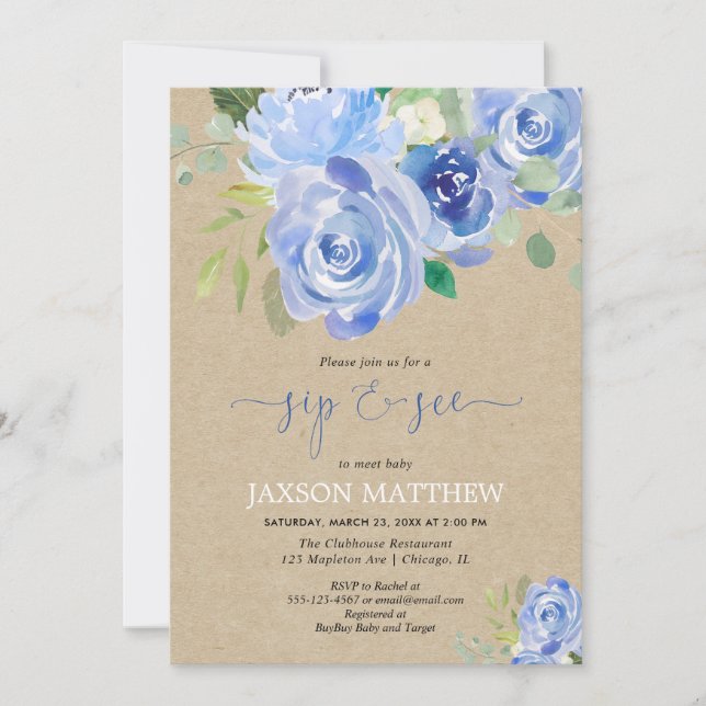 Convite Rustic Baby boy Sip ver aquarelas florais azuis (Frente)