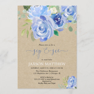 Convite Rustic Baby boy Sip ver aquarelas florais azuis