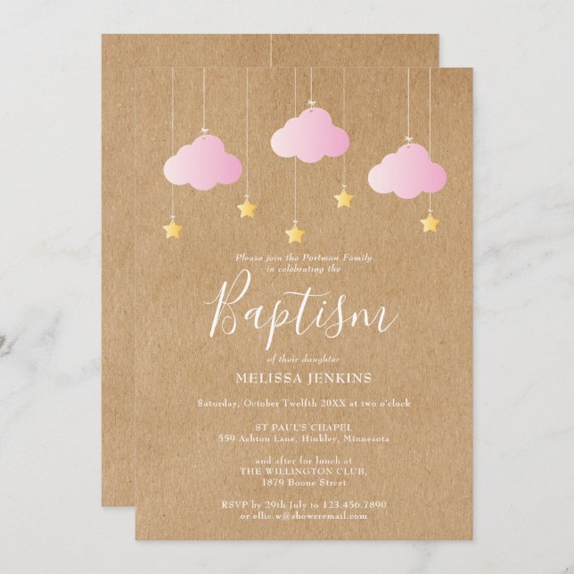 Convite Rustic Baby Girl Baptism Christening Twinkle Stars (Frente/Verso)