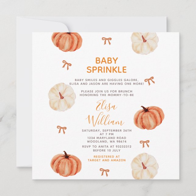 Convite Rustic Baby Sprinkle White Pumpkin Baby Shower (Frente)