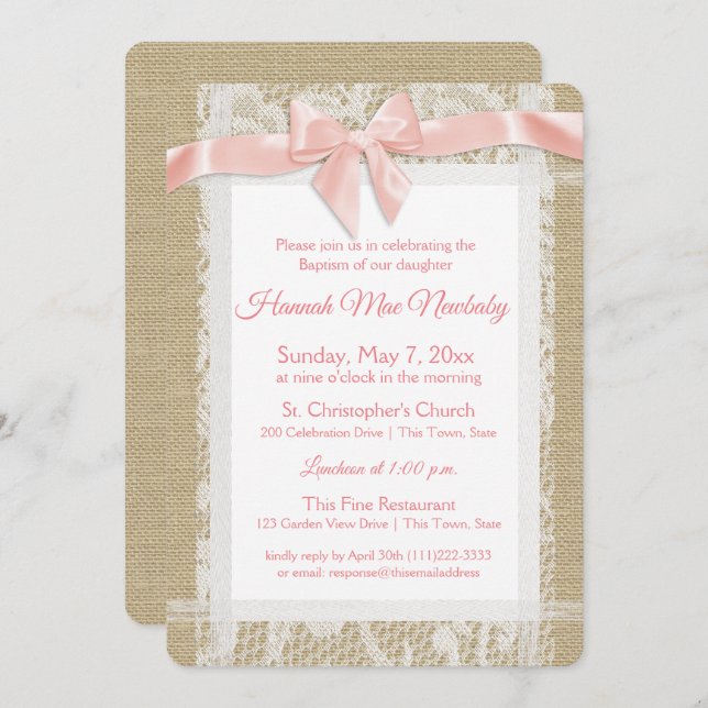 Convite Rustic Baptism Invitation Burlap and Lace (Frente/Verso)