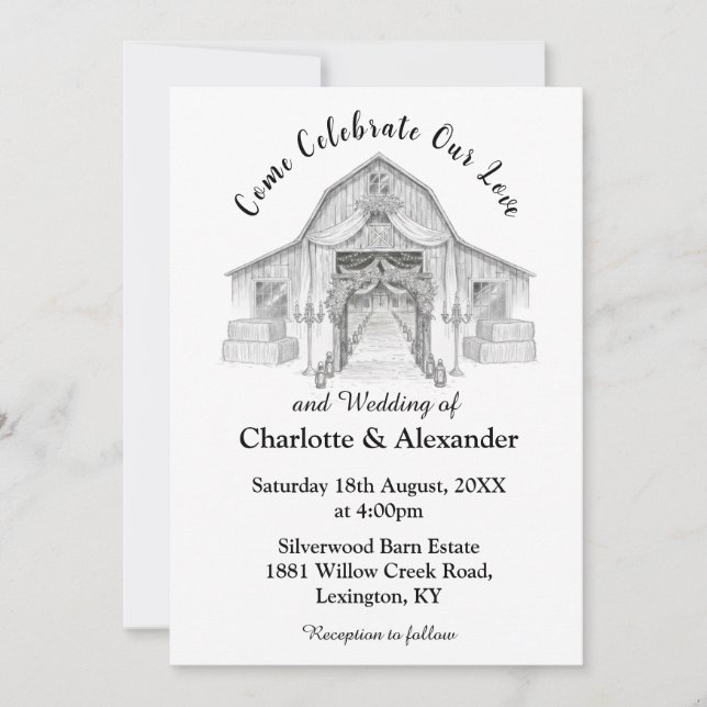 Convite Rustic Barn Black and White Wedding Invitation (Frente)