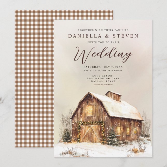 Convite Rustic Barn com Casamento de Neve de inverno (Frente/Verso)