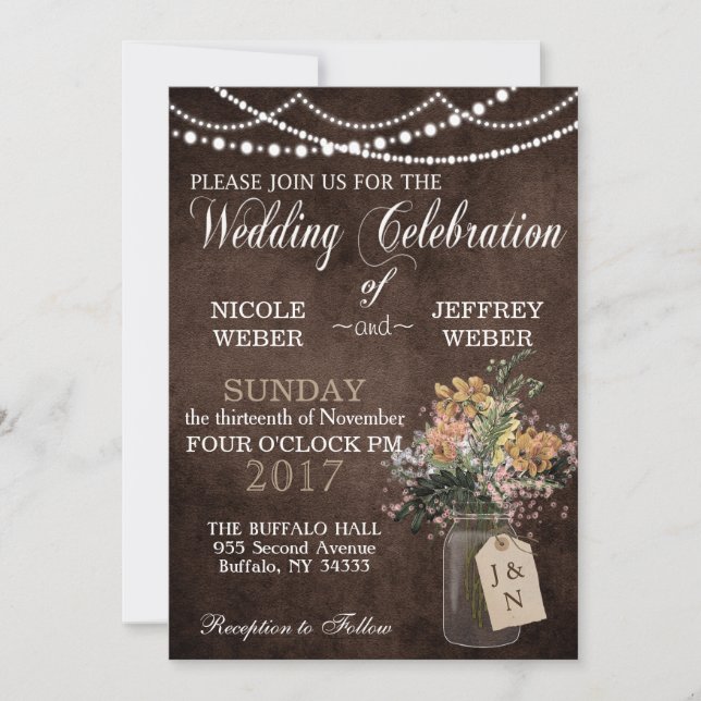 Convite Rustic Barn Wedding String Luzes Mason Jar (Frente)