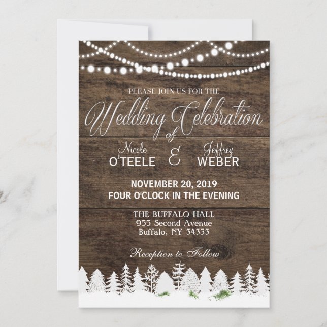 Convite Rustic Barn Wedding Wood Winter Christmas (Frente)