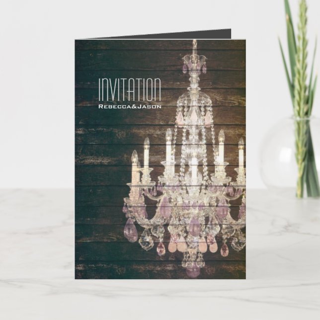 Convite Rustic Barn Wood Chandelier wedding (Frente)