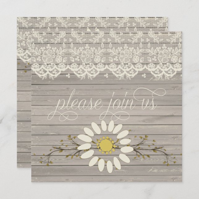 Convite Rustic Barn Wood Lace Posto Floral Casamento (Frente/Verso)