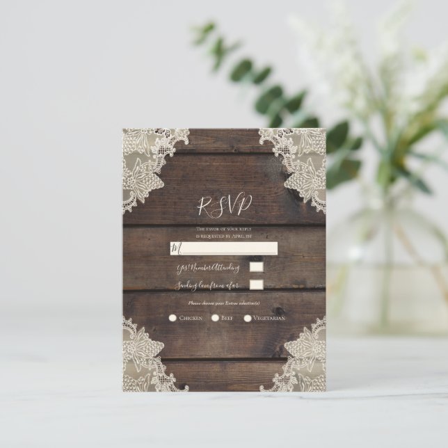 Convite Rustic Barn Wood & Lace Romantic RSVP responde (Em pé/Frente)