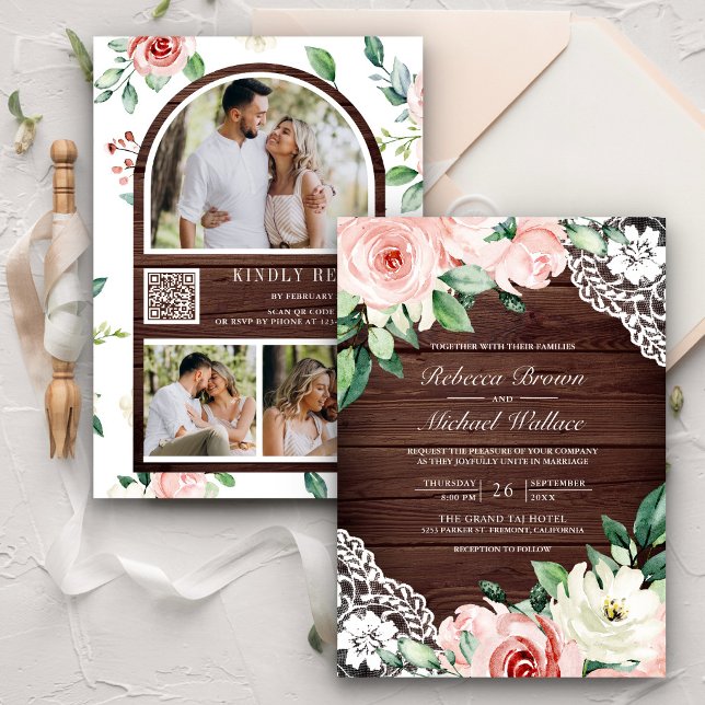 Convite Rustic Barn Wood Peach Floral Lace QR Code Wedding (Criador carregado)