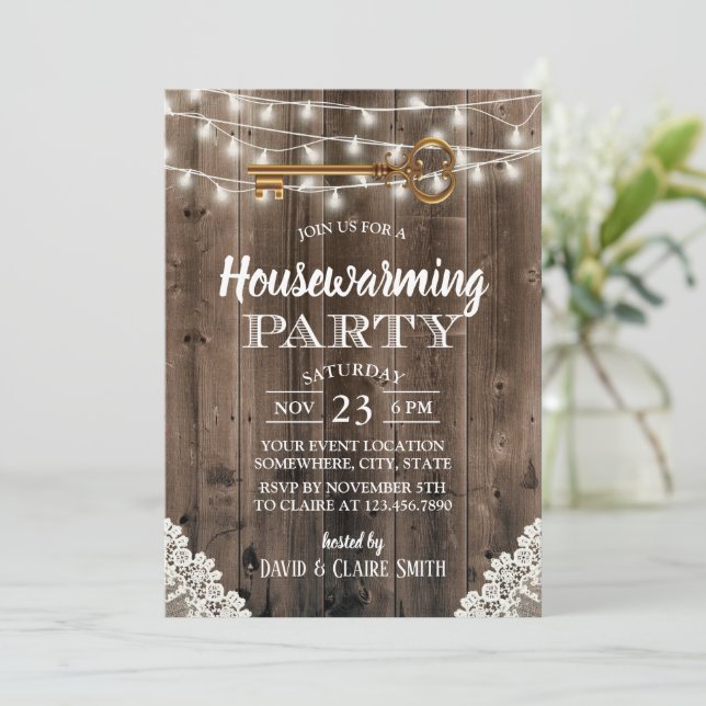 Convite Rustic Barn Wood Skeleton Key Housearming Party (Em pé/Frente)