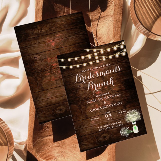 Convite Rustic Barn Wood String Lights Bridesmaids Brunch (Criador carregado)