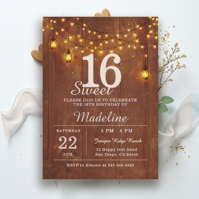 Convite Rustic Barn Wood String Lights Lanterns Sweet 16 (rustic sweet 16 birthday party invitation string lights barn wood lanterns brown gold outdoors )