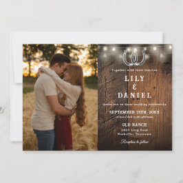 Convite Rustic Barn Wood String Lights Photo Wedding