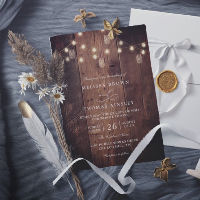 Convite Rustic Barn Wood String Lights QR Code Wedding (Criador carregado)