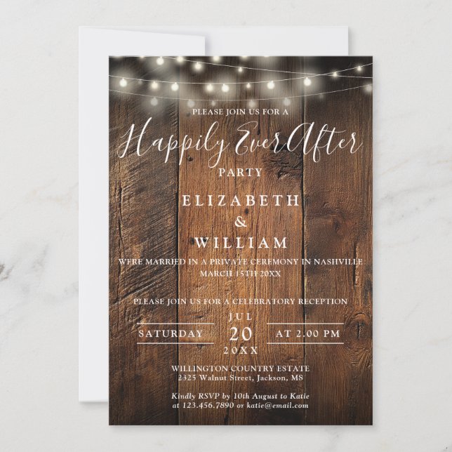 Convite Rustic Barn Wood String Lights Wedding Reception (Frente)