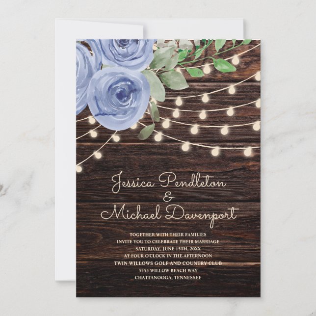 Convite Rustic Barn Wood String Luz Azul Casamento Floral (Frente)