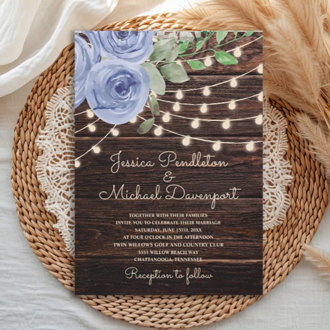 Convite Rustic Barn Wood String Luz Azul Casamento Floral (Criador carregado)