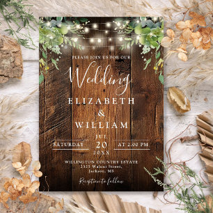 Convite Rustic Barn Wood String Luz verde Casamento