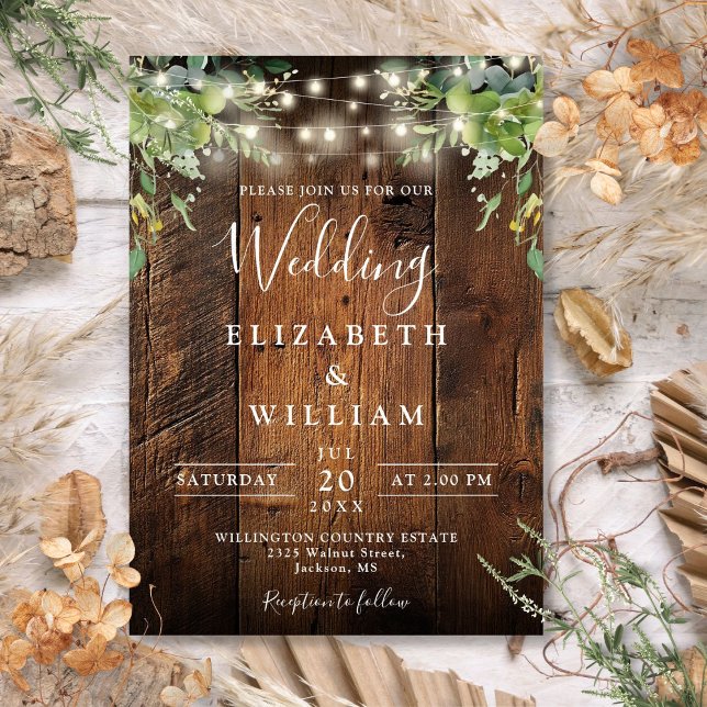 Convite Rustic Barn Wood String Luz verde Casamento (Rustic Barn Wood String Lights Greenery Wedding Invitation)
