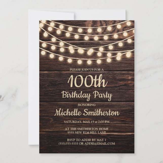 Convite Rustic Barn Wood String Luzes 100º Aniversário Inv (Frente)