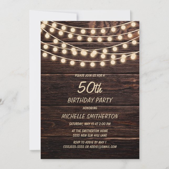 Convite Rustic Barn Wood String Luzes 50º Aniversário (Frente)