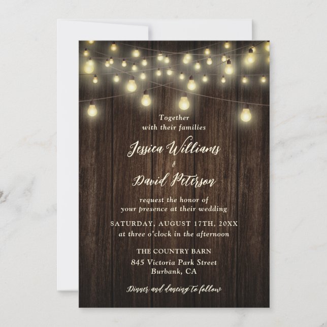 Convite Rustic Barn Wood String Luzes Campo Casamento (Frente)