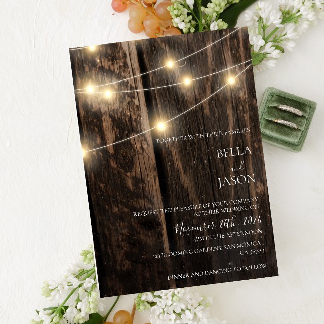 Convite Rustic Barn Wood String Luzes Campo Casamento (Rustic Barn Wood String Lights Country Wedding Invitation)