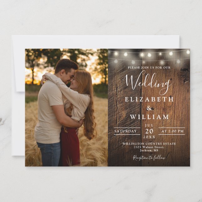 Convite Rustic Barn Wood String Luzes De Casamento Foto (Frente)