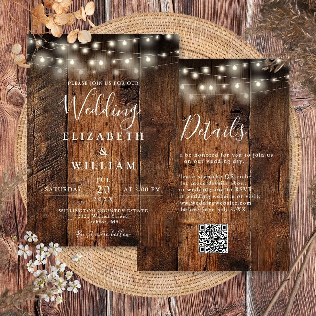 Convite Rustic Barn Wood String Luzes QR Code (Rustic Barn Wood Wedding String Lights QR Code Invitation)