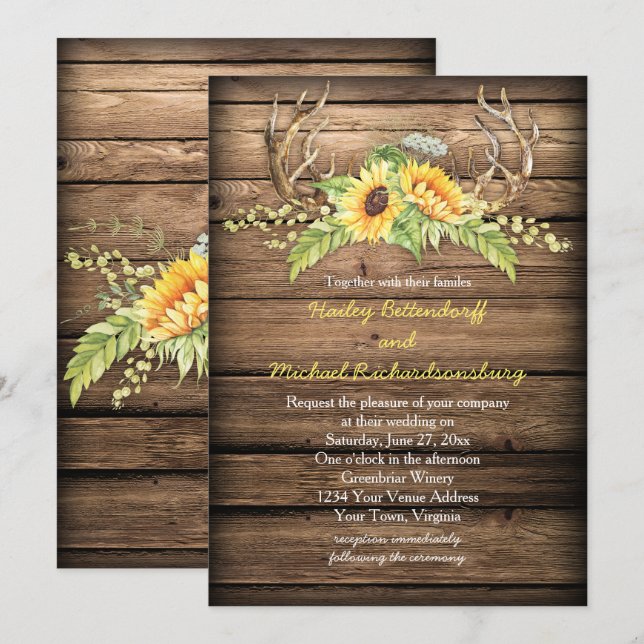 Convite Rustic Barn Wood Sunflower Casamento (Frente/Verso)