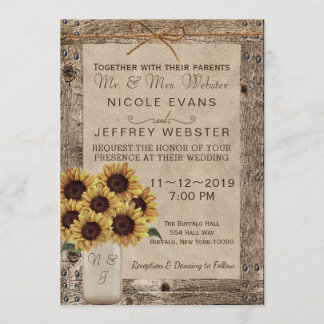 Convite Rustic Barn Wood Wedflower Sunflower Jar