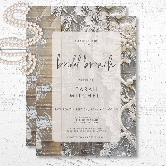 Convite Rustic Barnwood & Bridal Lace Bridal Brunch (Rustic Barnwood & Bridal Lace Bridal Brunch Invitation)
