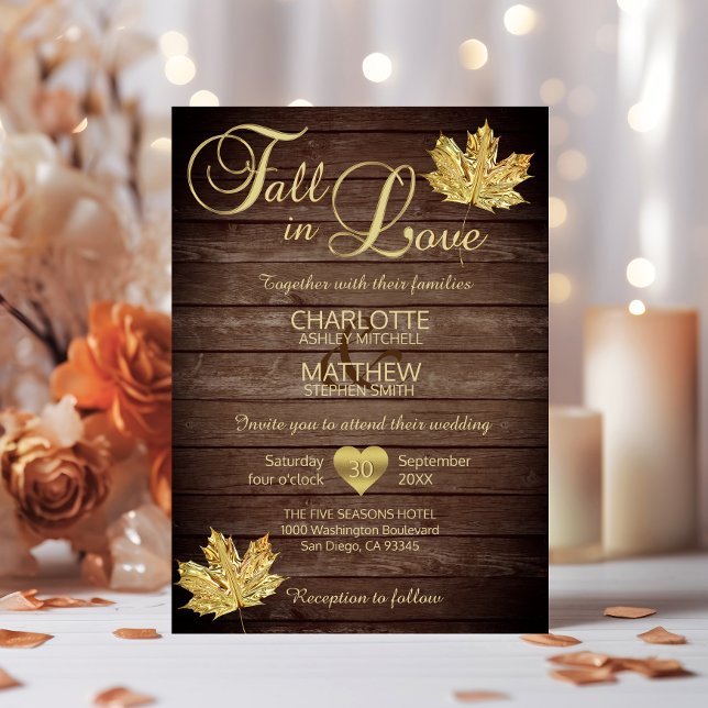 Convite Rustic Barnwood Country Cai Dourada NO Casamento A (Rustic Barnwood Country Gold FALL IN LOVE Wedding Invitation)