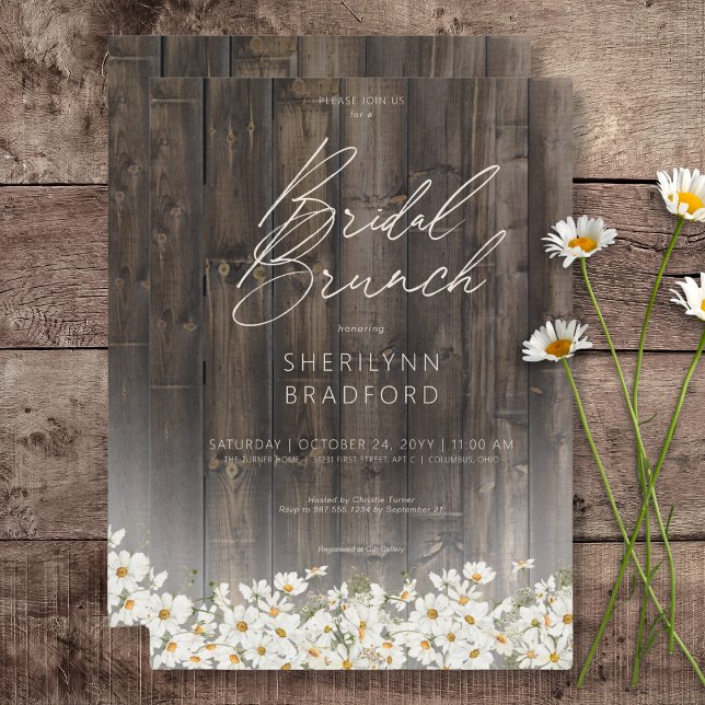 Convite Rustic Barnwood & Daisies Bridal Brunch (Rustic Barnwood & Daisies Bridal Brunch Invitation)
