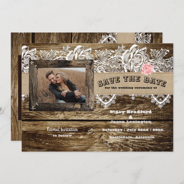 Convite Rustic Barnwood & Lace Salve O Dia  (Frente/Verso)
