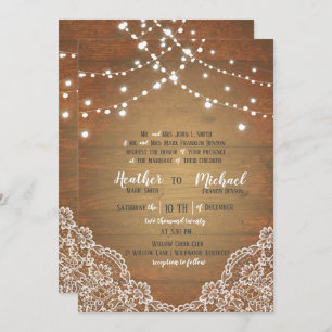 Convite Rustic Barnwood Lace String Luzes Casadas W/RSVP