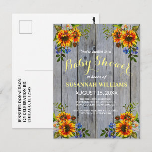 Convite Rustic Barnwood Sunflower Chá de fraldas