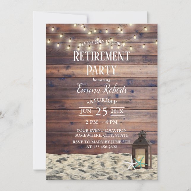Convite Rustic Beach Lanterna e Starfish Retirement Party (Frente)
