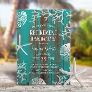Convite Rustic Beach Starfish & Seashell Retirement