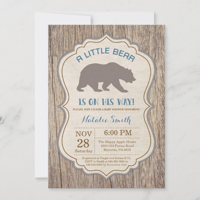 Convite Rustic Bear Chá de fraldas Invitation Boy (Frente)