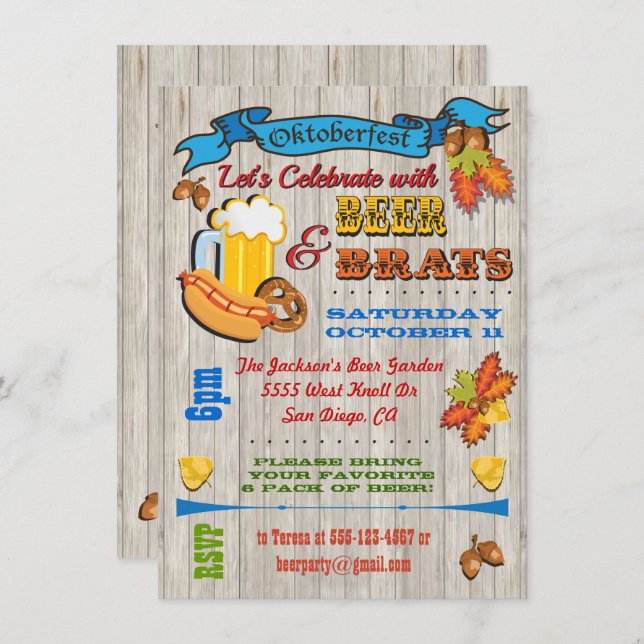 Convite Rustic Beer, Brats Octoberfest Party Convidados (Frente/Verso)
