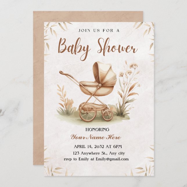 Convite Rustic Beige Watercolor Chá de fraldas Invitation  (Frente/Verso)