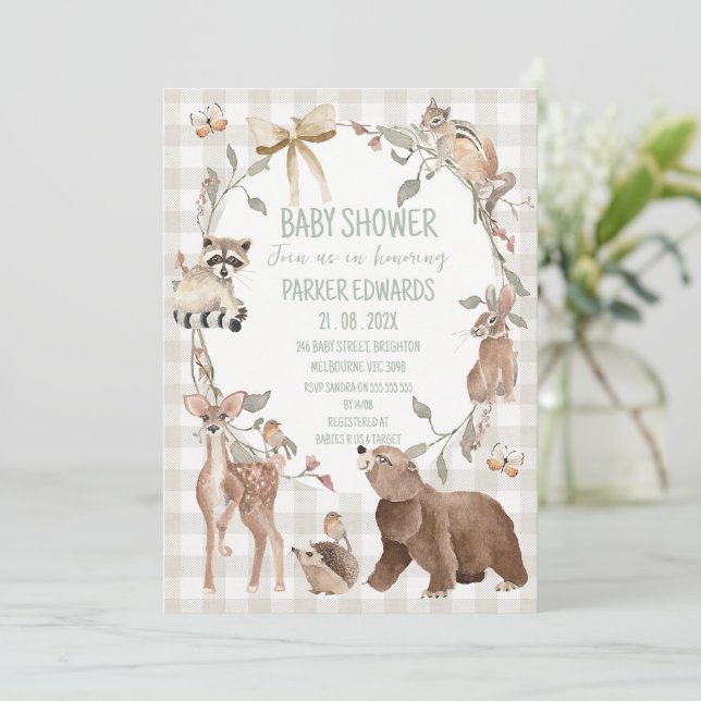 Convite Rustic Beige Woodland Baby Shower Invitation (Em pé/Frente)