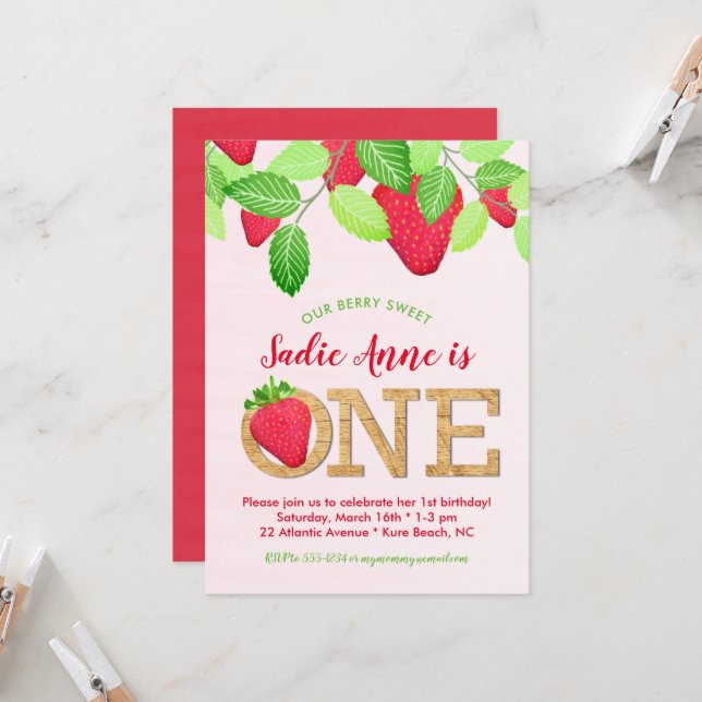 Convite Rustic Berry Sweet Strawberry primeiro aniversario (Frente/Verso In Situ)