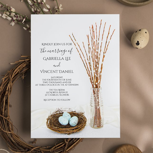 Convite Rustic Bird Nest Blue Eggs Pussy Willows Casamento (Criador carregado)